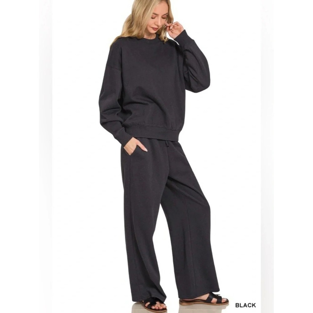 BLACK- ZENANA PLUS SCUBA CREWNECK PULLOVER & PANTS 2 PIECES SET (ROTP-4114X5)